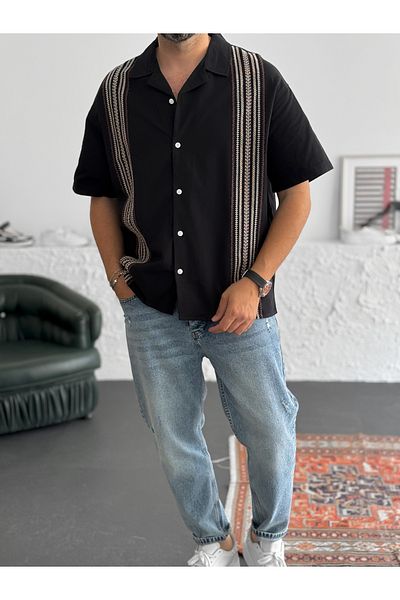 BYBASICMAN Black Embroidered Short Sleeve Shirt V-802