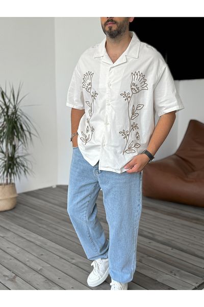 BYBASICMAN White Flower Embroidered Short Sleeve Shirt V-40-803
