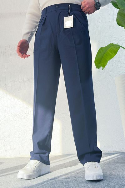 BayAygün Bayaygun 600 Pleated Bagyy Mold Fabric Trousers_Navy Blue