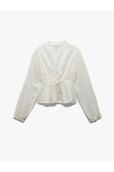 Koton Віскозна блузка з довгими рукавами з V-подібним вирізом і шнурівкою Brodeli
