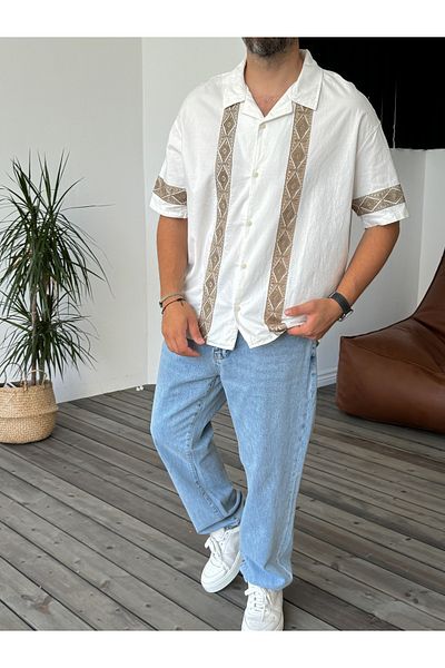 BYBASICMAN Ecru Lace Embroidered Short Sleeve Shirt V-847