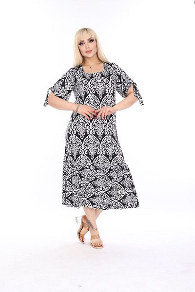 mezura tekstil Plus Size Above Knee Square Neck Tie Detailed Short Sleeve Viscose Combed Cotton Stylish Design Comfortable Dress