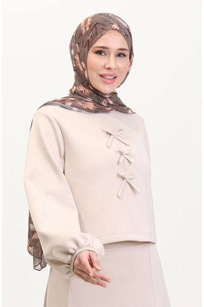 sefamerve Beige Scuba Fabric Blouse Skirt Double Set 0021-03