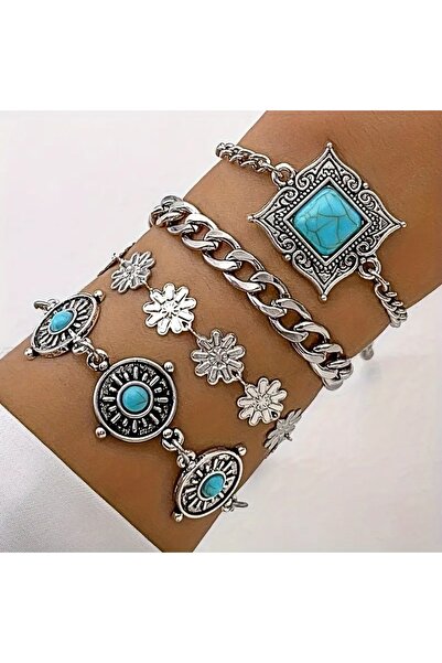 Genel Markalar 4 Lü Set Vintage Boho Piece Bileklik Seti, Turkuaz İşlemeli Do...