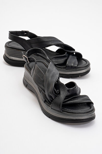 Zeynep Sıradağlı Γνήσιο Δέρμα Seonard Χοντρή Σόλα Άνετη Σανδάλια Μαύρο