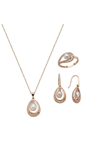 Birinci 14 Ayar Altın 6 mm Doğal İncili Küpe Kolye Yüzük Üçlü Set