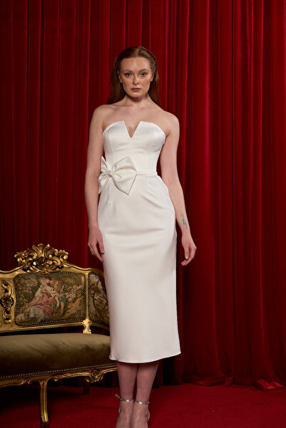 Lenta Wedding Beyaz Kurdele Detaylı Saten Midi Boy  Kalem Nişan Ve Gece Elbisesi