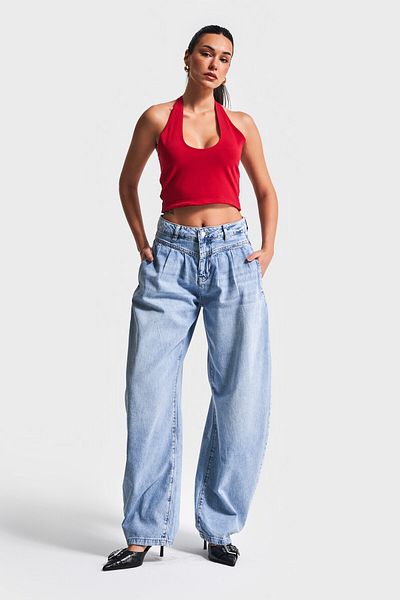 its basic Blugi de damă de culoare albastră 2S5-4 Baggy Fit plisate 100% bumbac denim