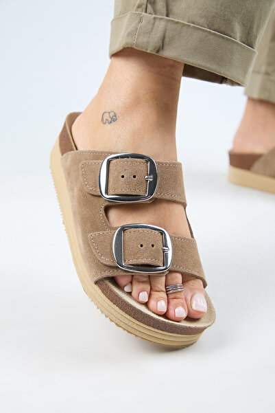 Manijero Selina Γυναικεία Γνήσια Δερμάτινη Διπλή Πόρπη Βιζόν - Ασημί παντόφλες