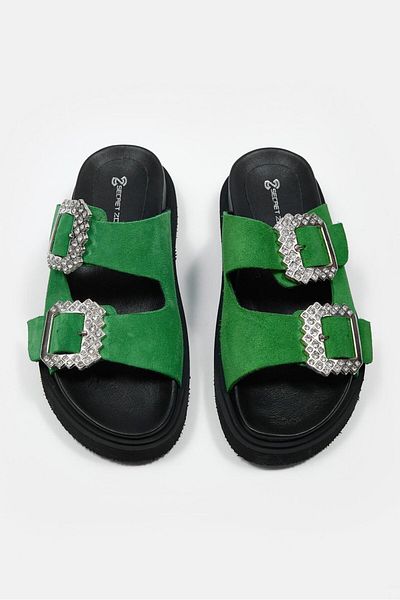 NILUFARR Papuci de damă din piele naturală din piele de căprioară verde Oliwer