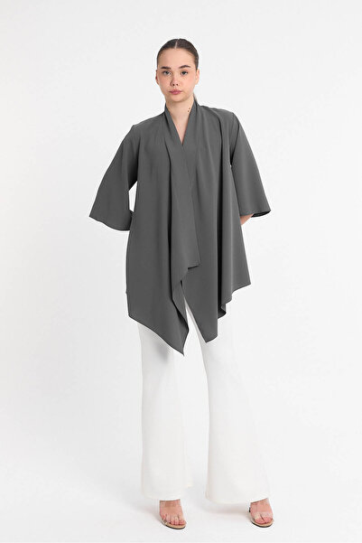 Laranor Gray Shawl Collar Three Quarter Sleeve Kimono - Cardigan - Beach Clothing 25L8019
