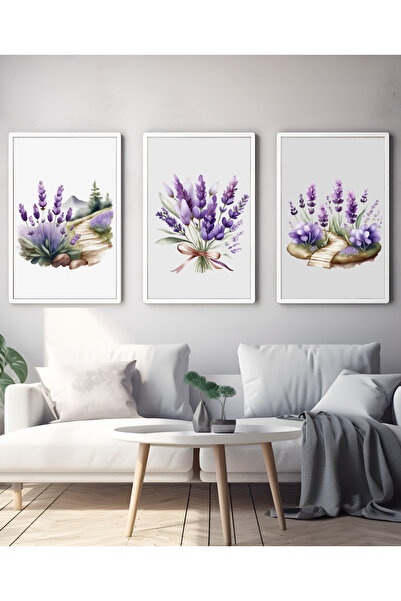 Hiras Dizayn Set de 3 postere, flori mov de lavandă, pictură artistică decora...