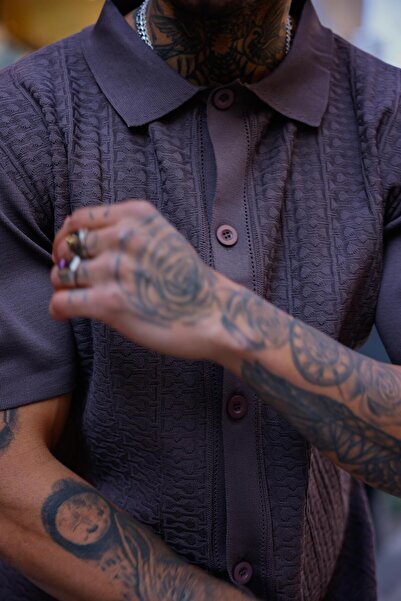 Pobudo Füme Renk Detaylı Kısa Kol Triko Gömlek