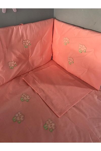 CherryPie Salmon Color Embroidered Baby Duvet Cover Set and Edge Protection 60X120