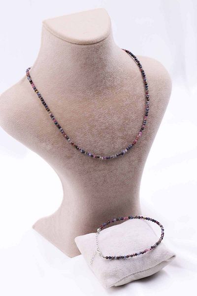 MYTAKIAĞACIMFH Sapphire Stone and Ruby Stone Natural Stone Necklace Bracelet Set Faceted Cut 2-3mm