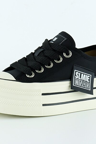 Erkan Saçmacı Μαύρο σατέν ψηλή σόλα αθλητικό πέτρινο παπούτσι με κορδόνια