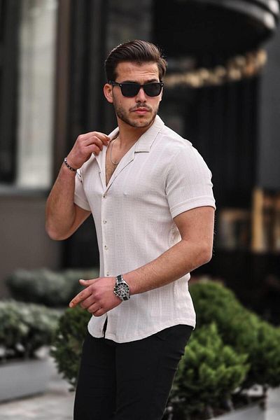Pobudo Ecru Color Shawl Collar Men's Crepe Shirt