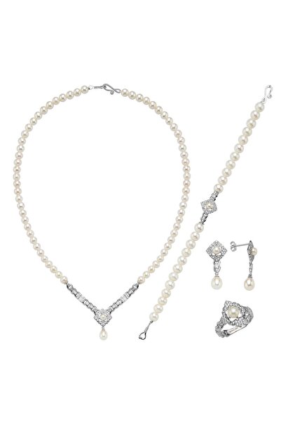 Birinci 14 Ayar Altın 6 mm Baget Taşlı Doğal İnci Küpe Kolye Bileklik Yüzük Dörtlü Set