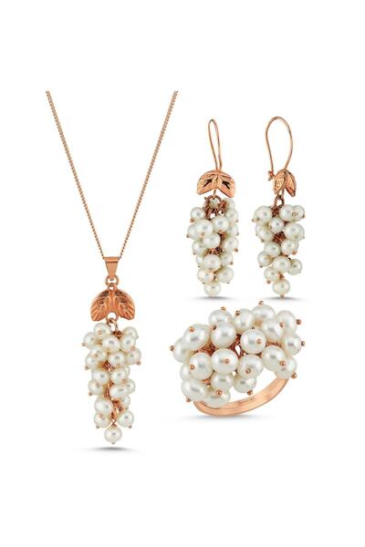 Birinci 14 Ayar Altın 4 mm Üzüm Salkımı Doğal İnci Küpe Kolye Yüzük Üçlü Set