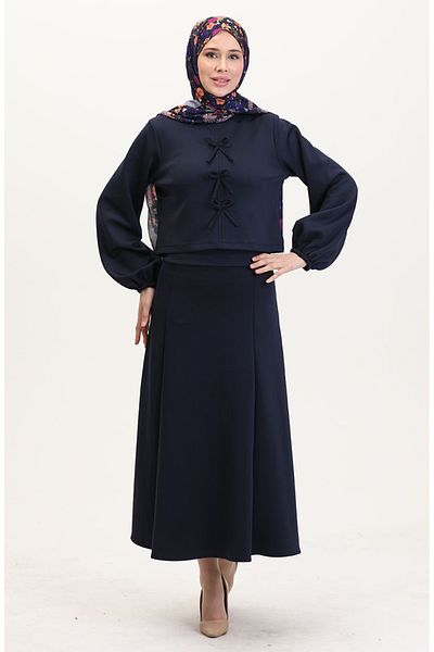 sefamerve Navy Blue Scuba Fabric Blouse Skirt Double Set 0021-01