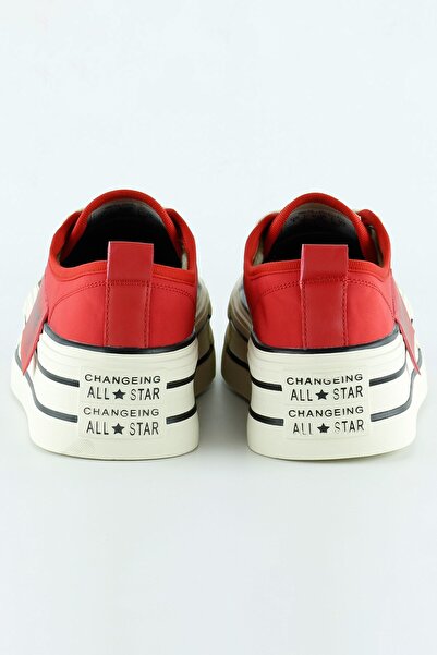 Erkan Saçmacı Red Satin High Sole Sports Stone Lace-Up Platform Sneaker