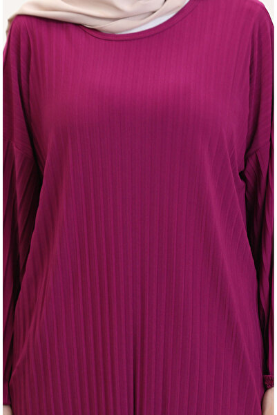 sefamerve Pleated Tunic & Skirt Double Set 0015-05 Plum