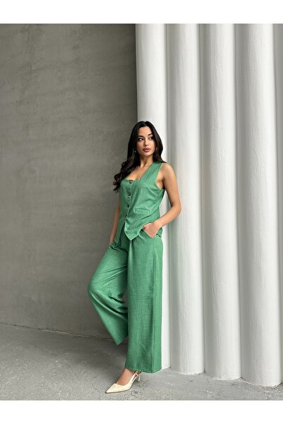 MD trend Square Collar Vest and Palazzo Trousers Double Linen Aerobin Set