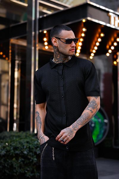 Pobudo Black Color Detailed Short Sleeve Knitwear Shirt