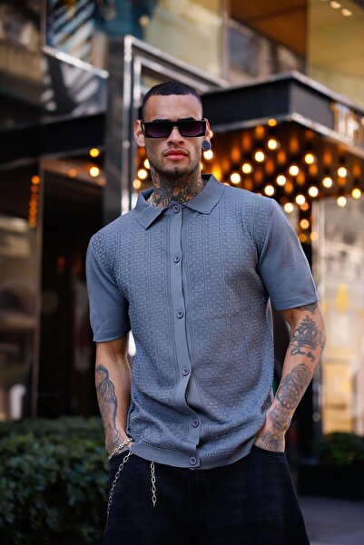 Pobudo Antrasit Renk Detaylı Kısa Kol Triko Gömlek