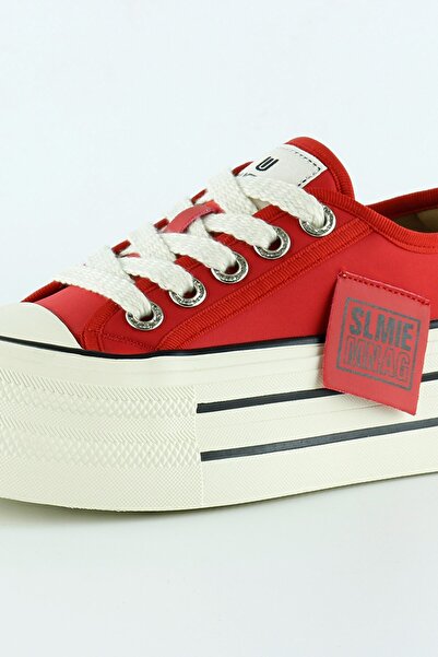 Erkan Saçmacı Red Satin High Sole Sports Stone Lace-Up Platform Sneaker