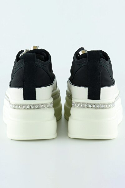 Erkan Saçmacı Black White High Sole Sports Crystal Stone Pearl Detailed Lace up Platform Sneaker