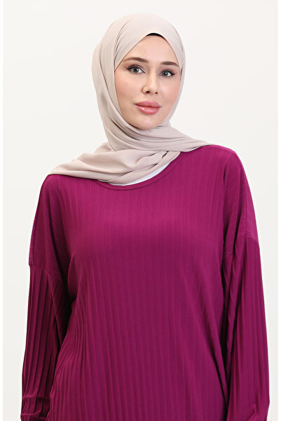 sefamerve Pleated Tunic & Skirt Double Set 0015-05 Plum