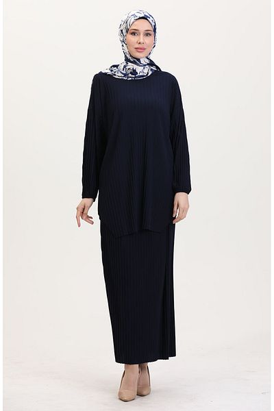 sefamerve Σετ διπλό τουνίκ-φούστα Navy Blue Πλισέ 0015-02
