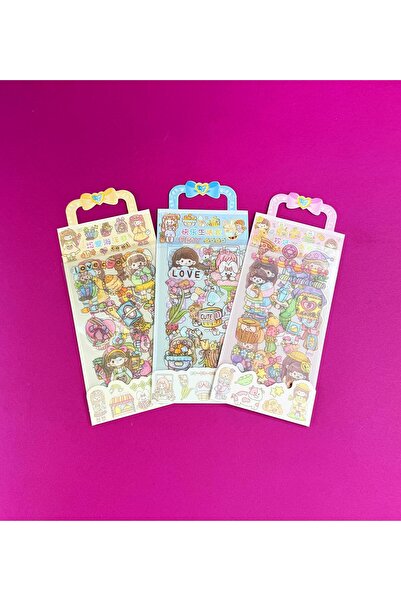 Gift Moda 3'lü Sevimli Kız Karakterli Şeffaf Sticker