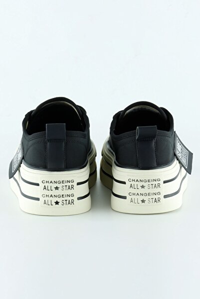 Erkan Saçmacı Μαύρο σατέν ψηλή σόλα αθλητικό πέτρινο παπούτσι με κορδόνια