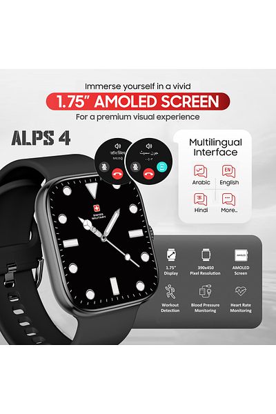 Swiss Military ALPS4 Smartwatch 1.75” AMOLED,BT Calling,Fitness Tracker, IP67, 7-Day Battery,iOS/Android Compatible