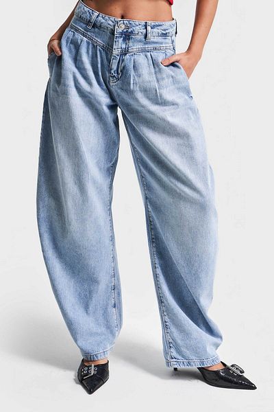 its basic Blugi de damă de culoare albastră 2S5-4 Baggy Fit plisate 100% bumbac denim