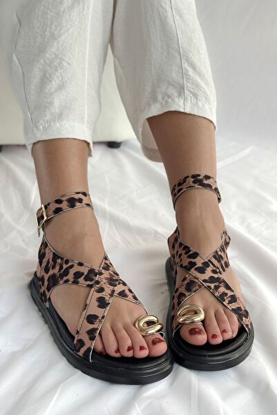 Shoebutik Rebeca Yellow Black Animal Pattern Metal Ring Detail Women's Sandals