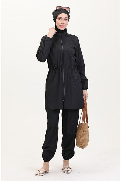 sefamerve Elastic Waist Zippered Hijab Swimsuit with Bonnet Gift 9004-03 Black