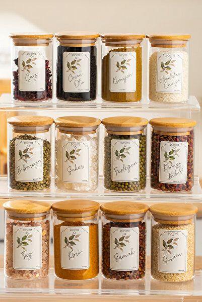 Porsima 3179 Cam 12'li Vakumlu Bambu Kapaklı Borosilikat Baharatlık Seti Takı...