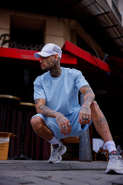 Pobudo Light Blue Color Crew Neck Shorts T-Shirt Set
