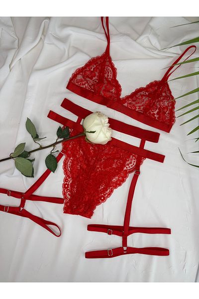 ROZENİN LINGERIE Κόκκινο Σετ Δαντελένιο Σετ 3 Bralet Σετ σουτιέν με καλτσοδέτα