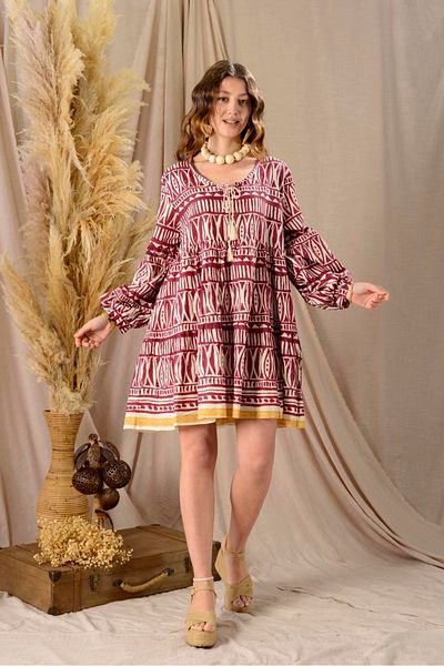 Park Moda Women's Embroidery Detailed Tasseled Cotton Summer Slim Short Boho Dress Burgundy Holiday Dress