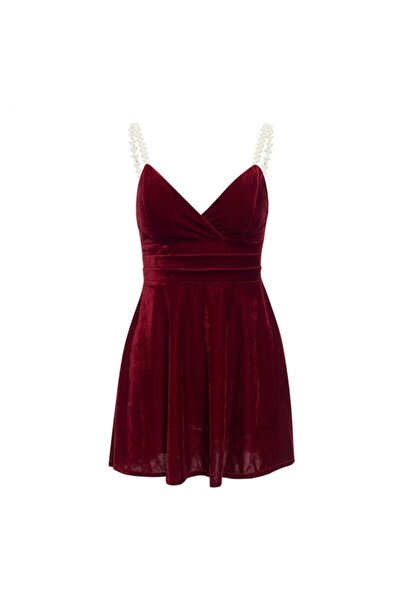 FASHION COCKTAIL İnci Askılı Skater Kloş Kadife Gece Kokteyl Davet Akşam Yemeği Elbisesi