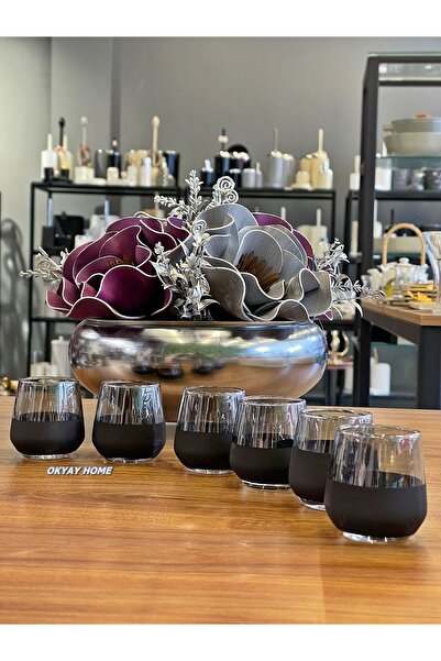 P&ORA PREMIUM KITCHEN PRODUCTS Lal- 304 6'lı Dip Siyah Üst Füme Kahve Yanı Su Bardağı , Çeyizlik ,hediyelik , lüks