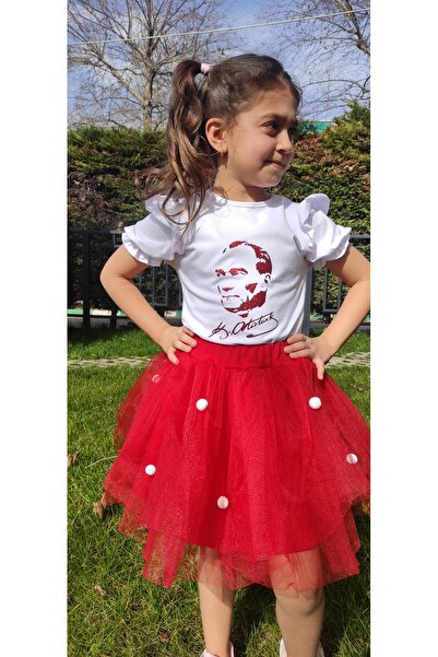 Novy Baby 23 Nisan Atatürk Baskılı Omuzu Kolu Fırfırlı Tişört Kız Çocuk - 2-9...