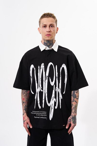 Machinist Tricou pentru bărbați oversize cu gât polo - negru cu imprimeu înalt