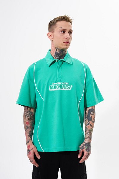 Machinist Light Green Oversize Polo Neck Men's T-Shirt - Contrast Piping Printed