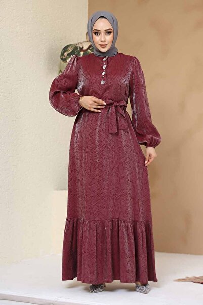 Neva Style Taş Detaylı Bordo Tesettür Jakar Elbise 23891BR