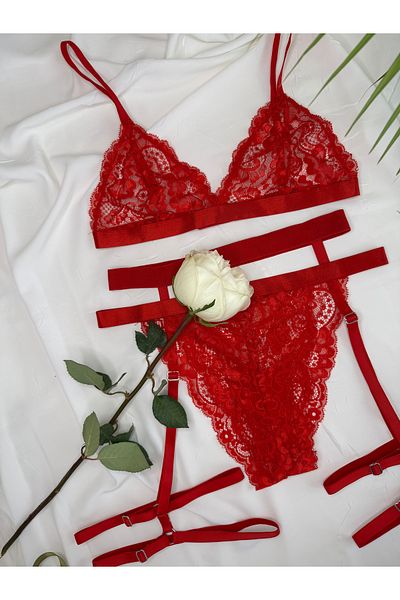 ROZENİN LINGERIE Κόκκινο Σετ Δαντελένιο Σετ 3 Bralet Σετ σουτιέν με καλτσοδέτα